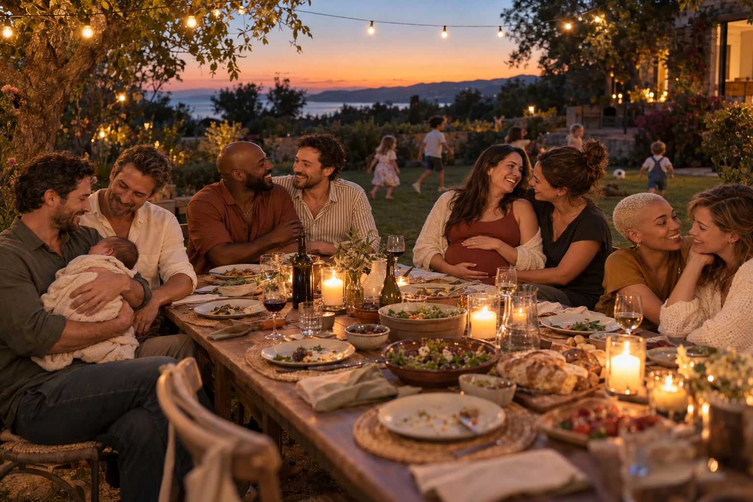 Illustration d’un dîner au crépuscule avec deux couples de papas, un nourrisson, deux couples de femmes dont une femme enceinte, et des enfants jouant derrière