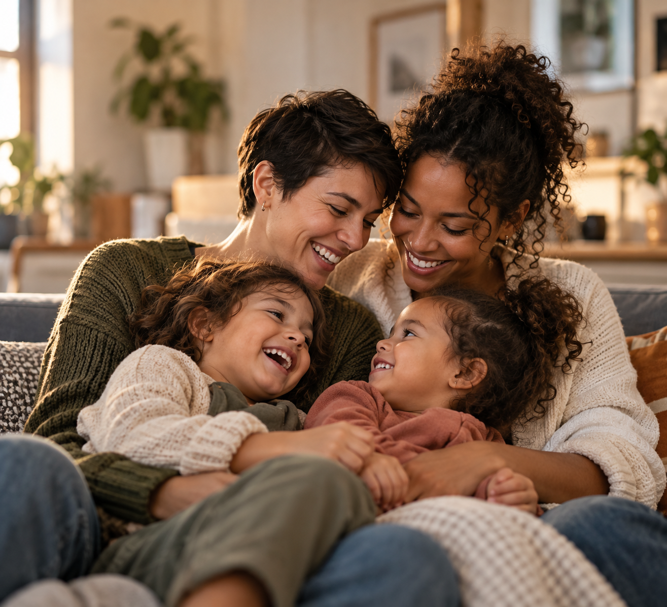 Illustration de deux mamans avec leurs deux enfants sur un canapé