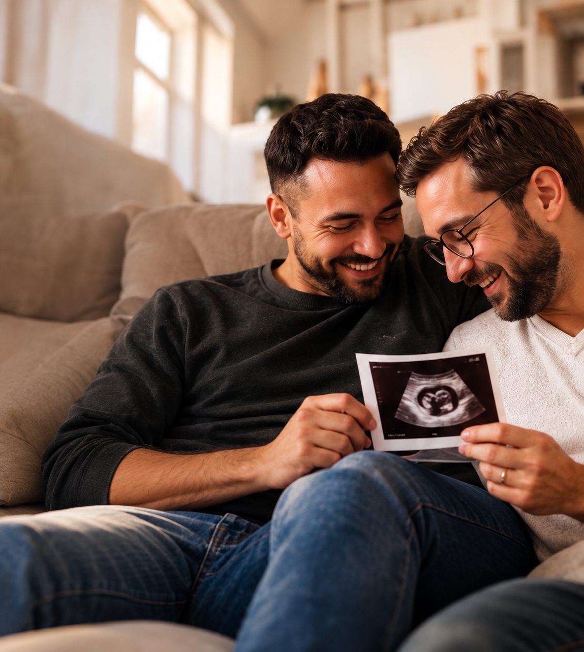 Illustration de deux futurs papas regardant une échographie